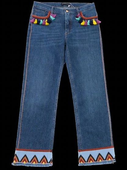 Etro Embellished Blue Cotton Jeans M with Colorful Tassels
