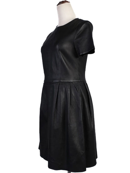 Excellent Punto Black Leather Short-Sleeve Dress Size M