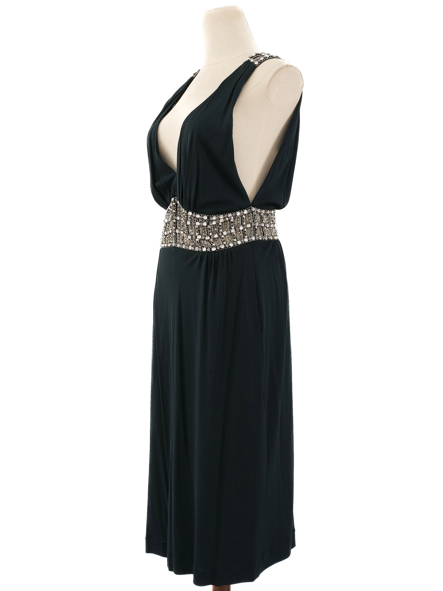 azzaro green silk sleeveless dress size l with beaded waistband