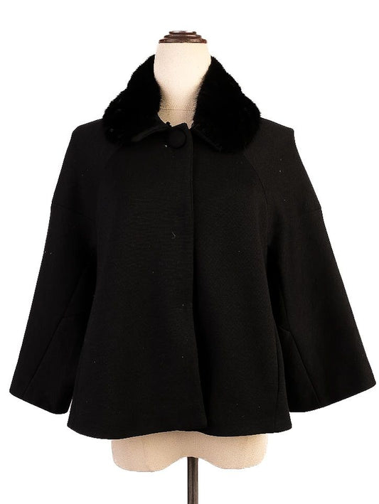 Excellent Moschino Black Wool Swing Coat with Fur Collar for Women