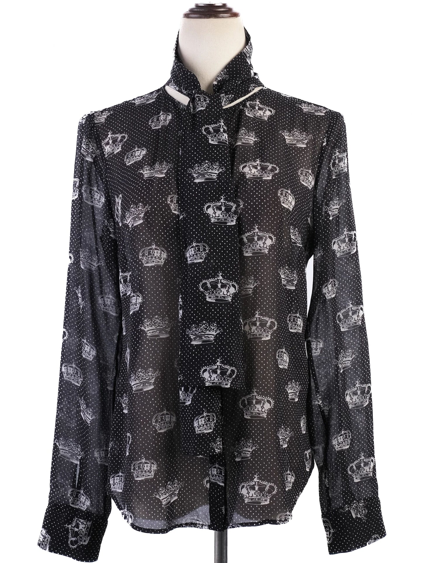 excellent red valentino black silk sheer blouse with crown print