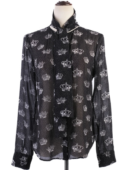 Excellent Red Valentino Black Silk Sheer Blouse with Crown Print