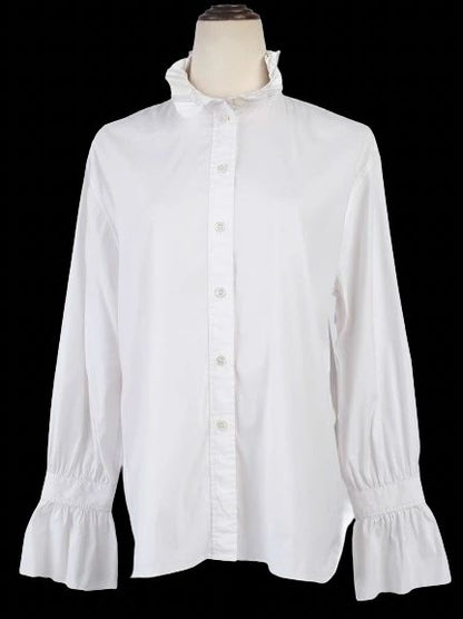 Excellent Burberry White Nylon Blouse with Ruffled Collar Size UK 8