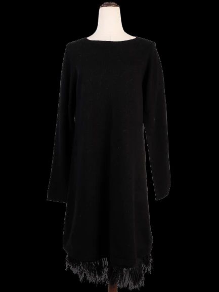 excellent twinset black wool long sleeve dress with fringed hem