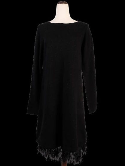 Excellent TWINSET Black Wool Long Sleeve Dress with Fringed Hem