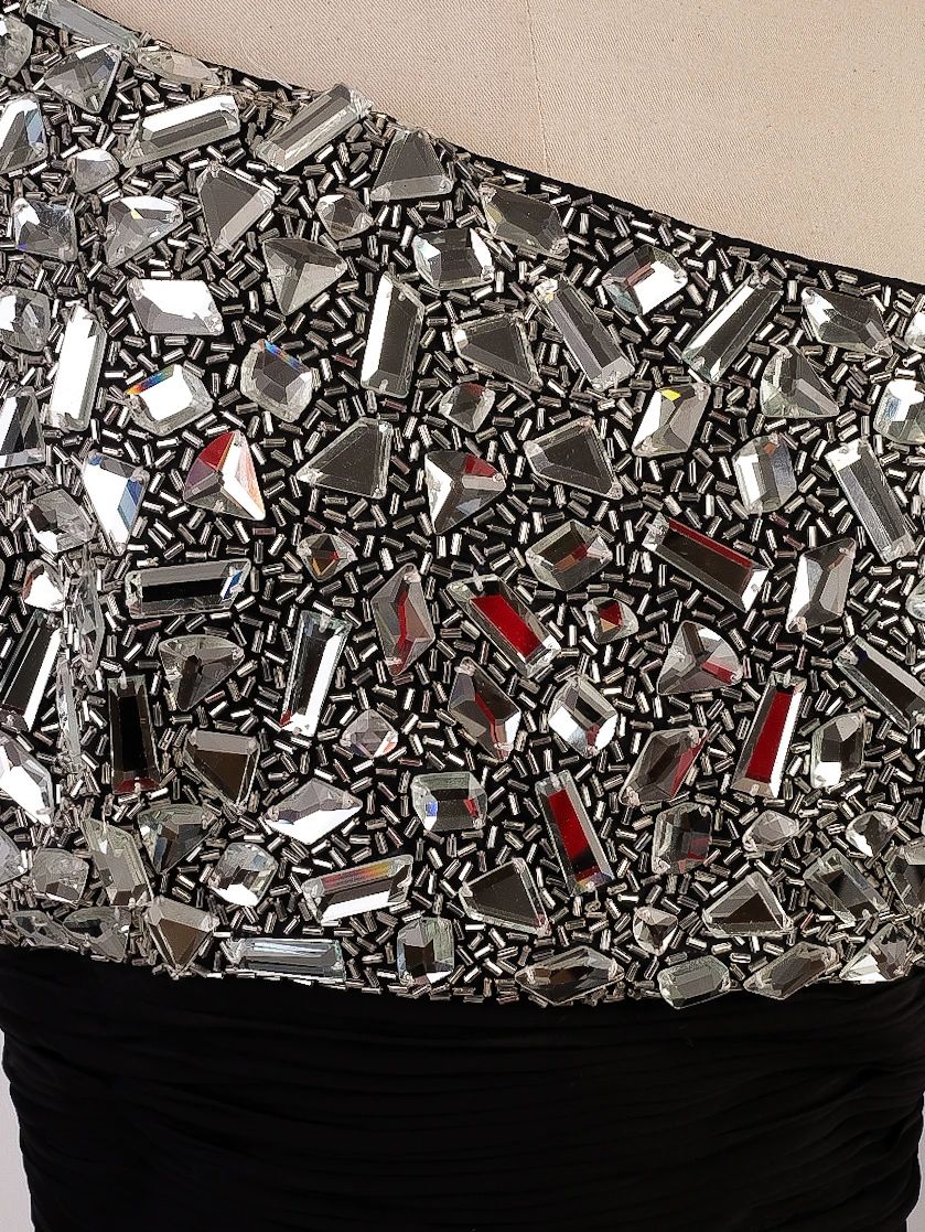 perfect sherri hill black one-shoulder evening gown with silver embellishments