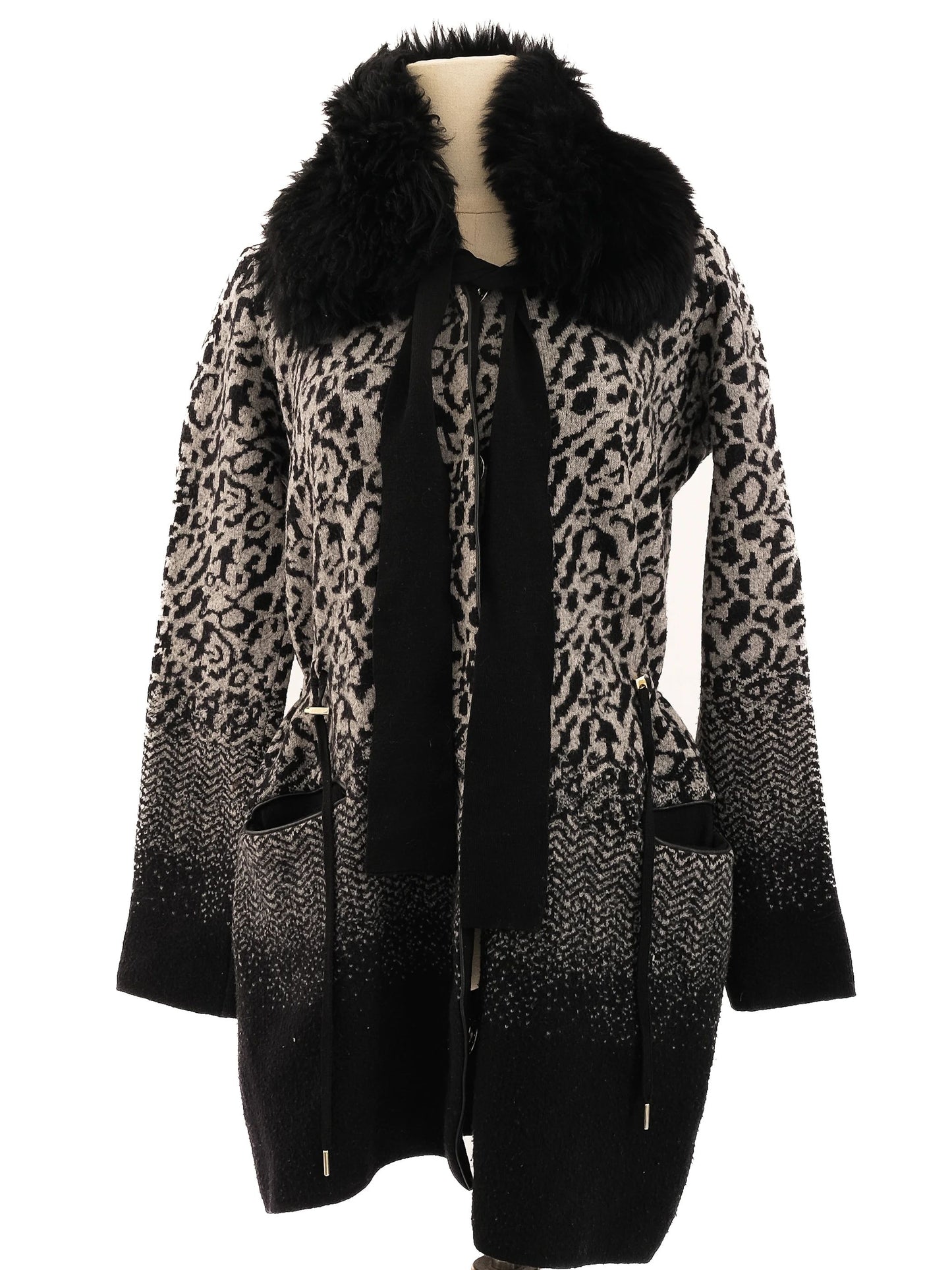 excellent escada women's coat gray black leopard pattern size xs