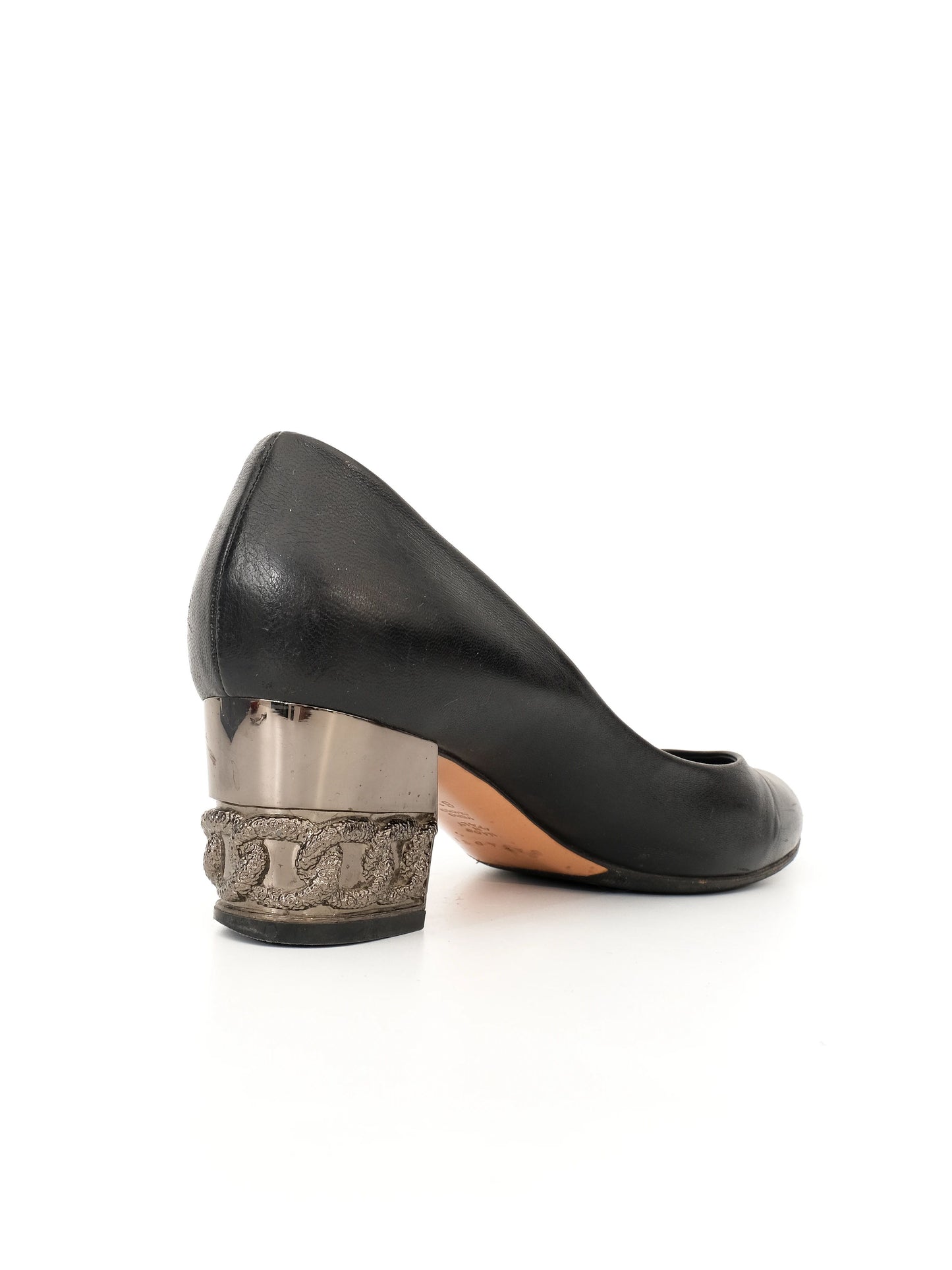 excellent casadei black leather heels with metallic block heel size 36.5