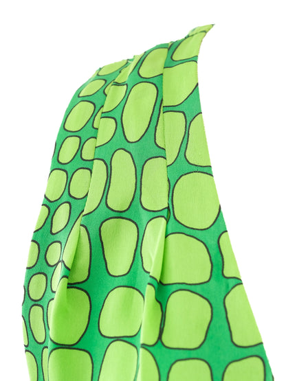 Excellent Moschino Green Silk Long Dress Size L V-Neck Geometric Pattern