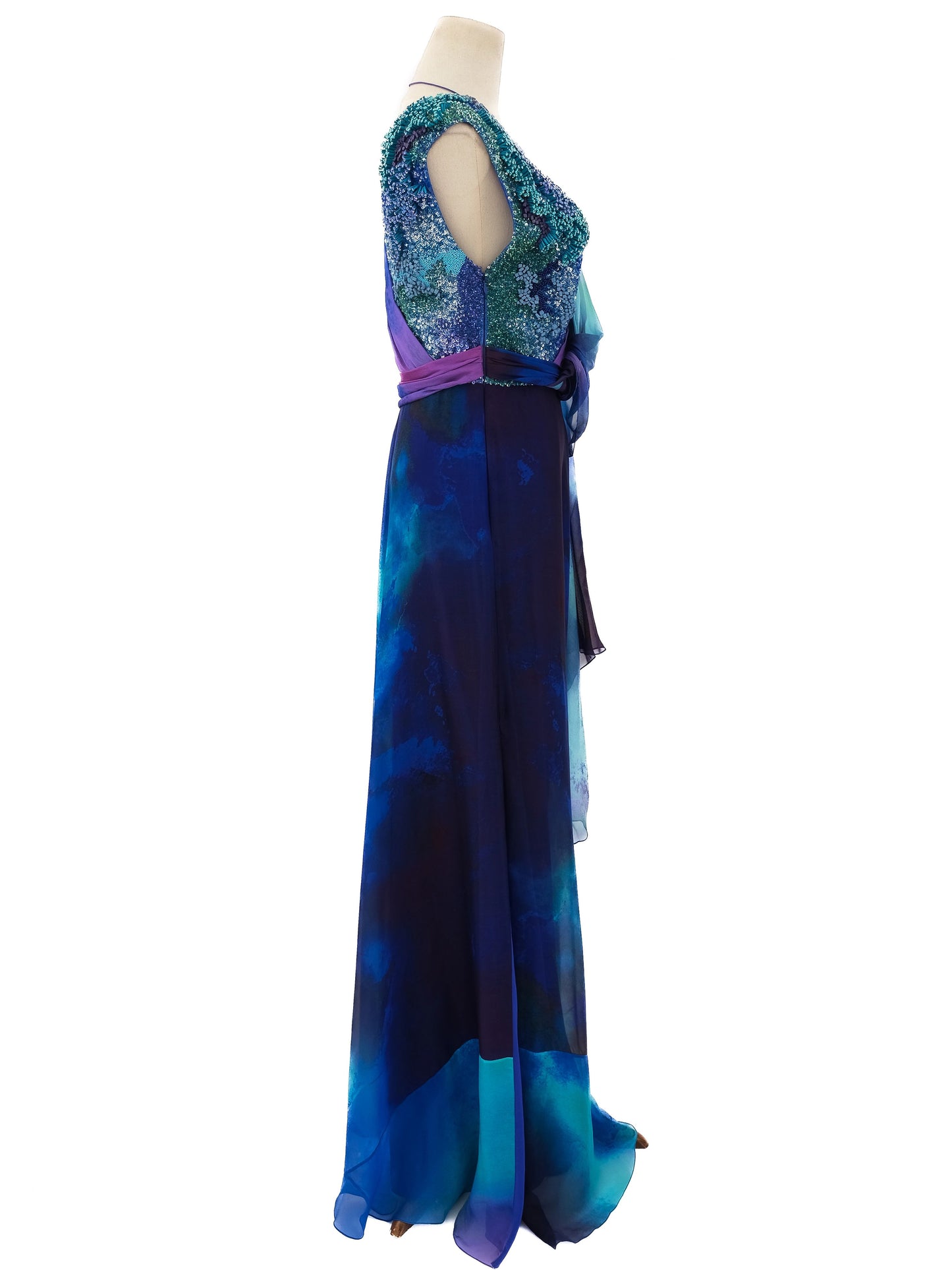 perfect silk evening dress blue turquoise size l with embellishments