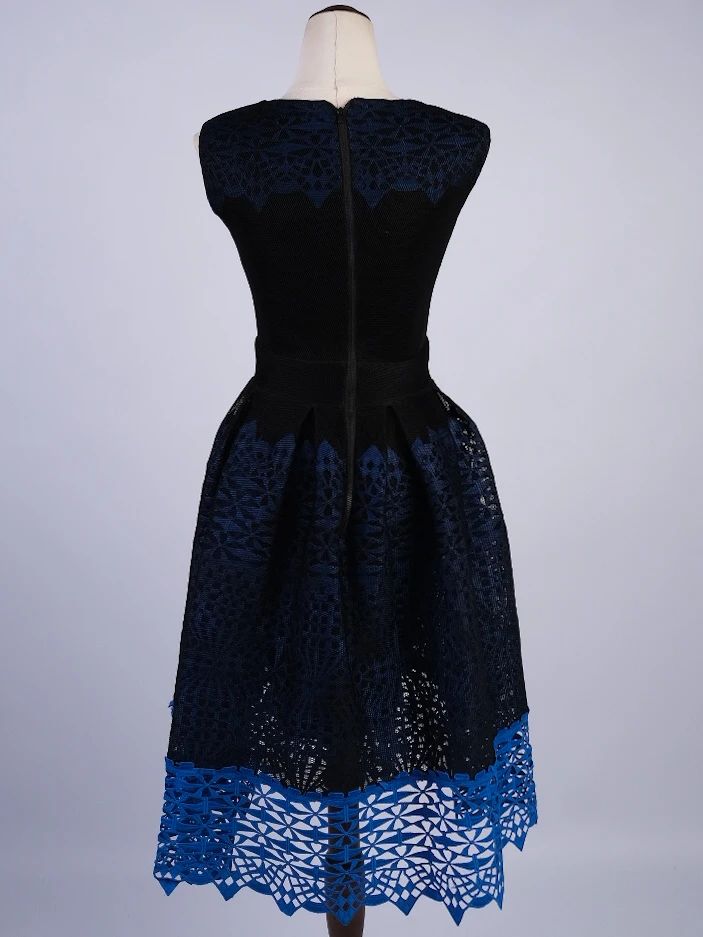 new maje blue lace dress xs sleeveless fitted flared skirt