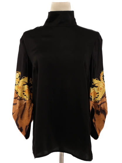 Excellent Class Roberto Cavalli Black Silk Shirt Size L with Gold Patterns