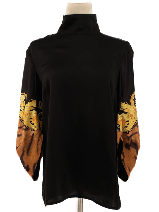 Excellent Class Roberto Cavalli Black Silk Shirt Size L with Gold Patterns