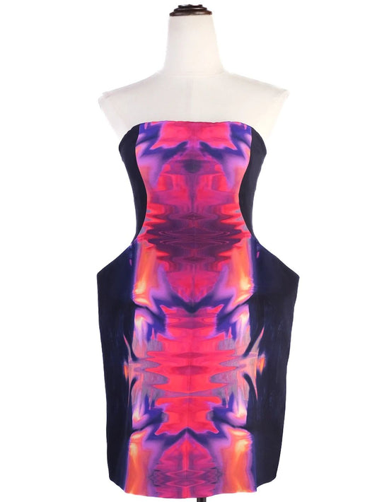 Excellent Alexander McQueen Strapless Dress Large Silk Abstract Print