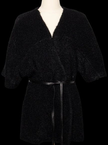 Good Yves Saint Laurent Black Textured Coat Belted Waist Women