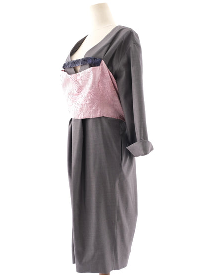 Dior Gray Wool Dress XL with Pink Kimono-Inspired Detail