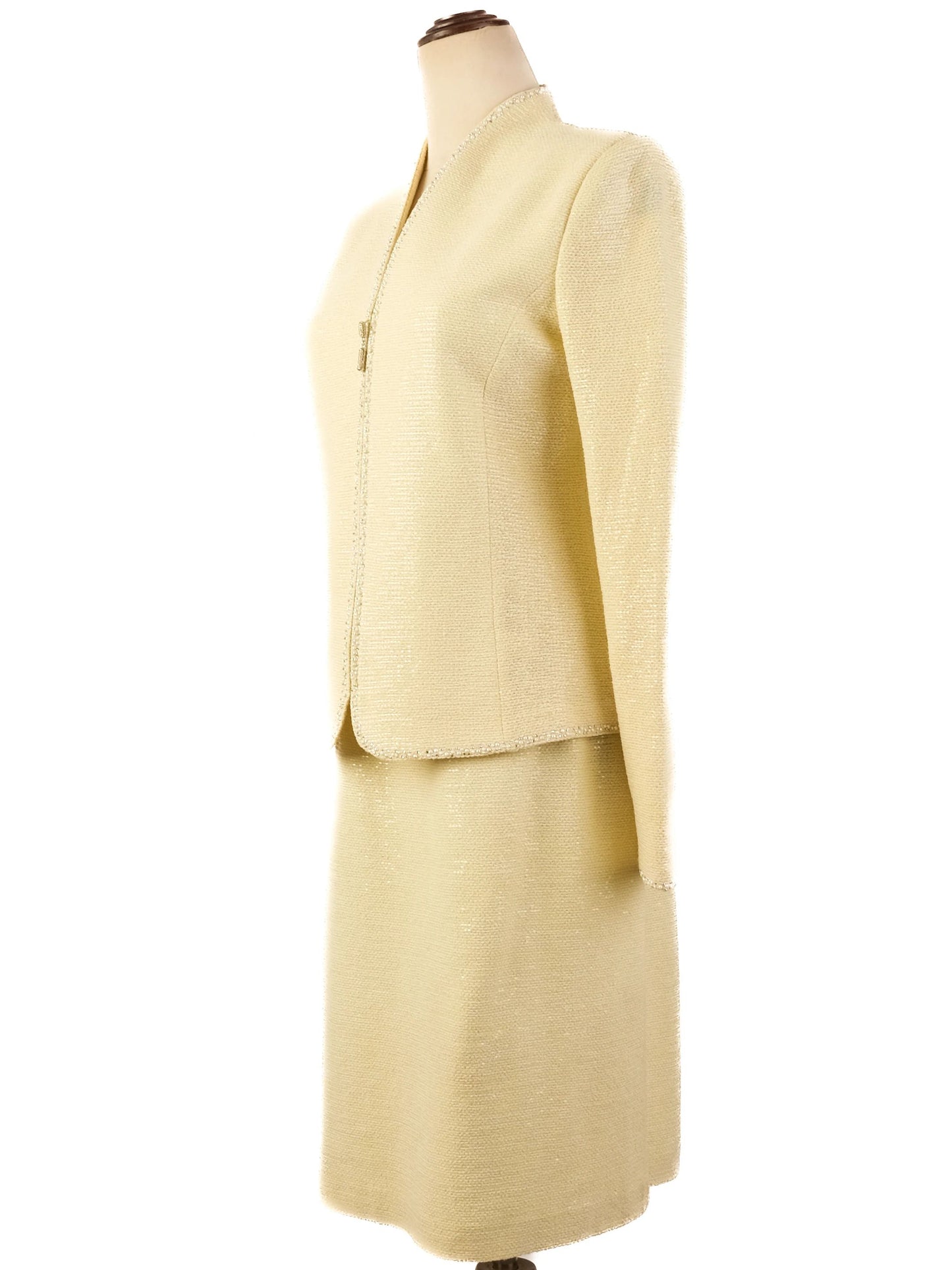 excellent st. john yellow wool women's suit jacket & skirt set