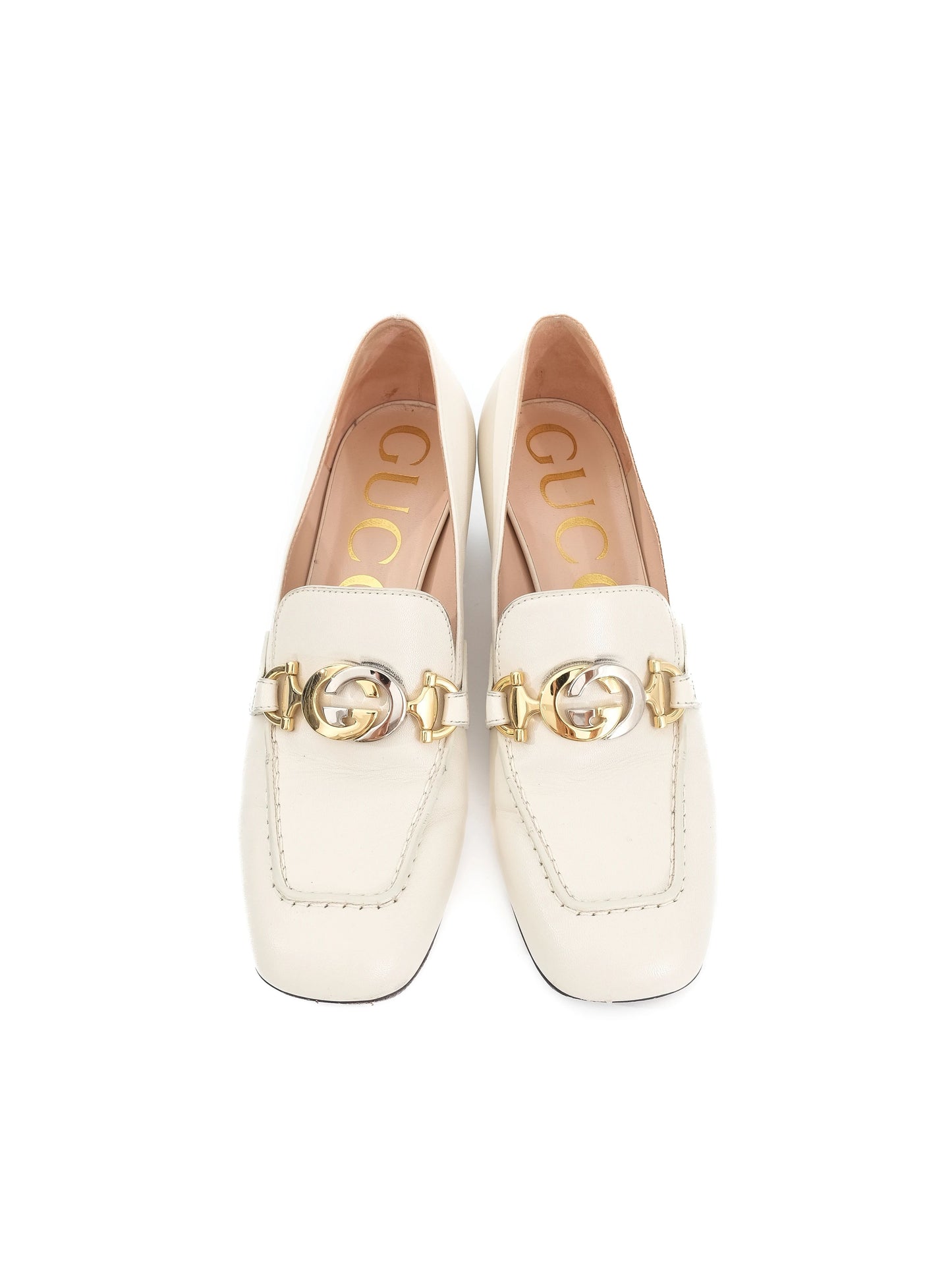 excellent gucci white leather block-heeled loafers size 36.5