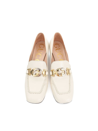 Excellent Gucci White Leather Block-Heeled Loafers Size 36.5