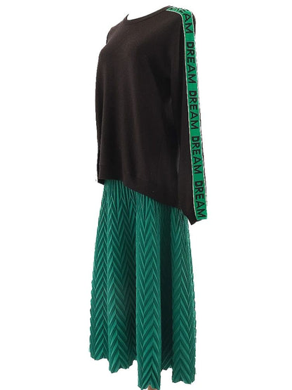 Excellent Maje Black Wool Sweater & Green Pleated Skirt Set for Women