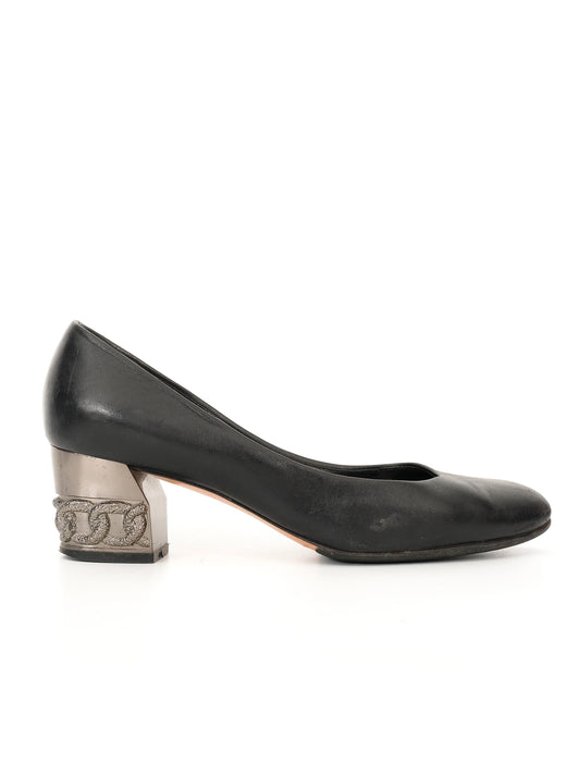 Excellent Casadei Black Leather Heels with Metallic Block Heel Size 36.5