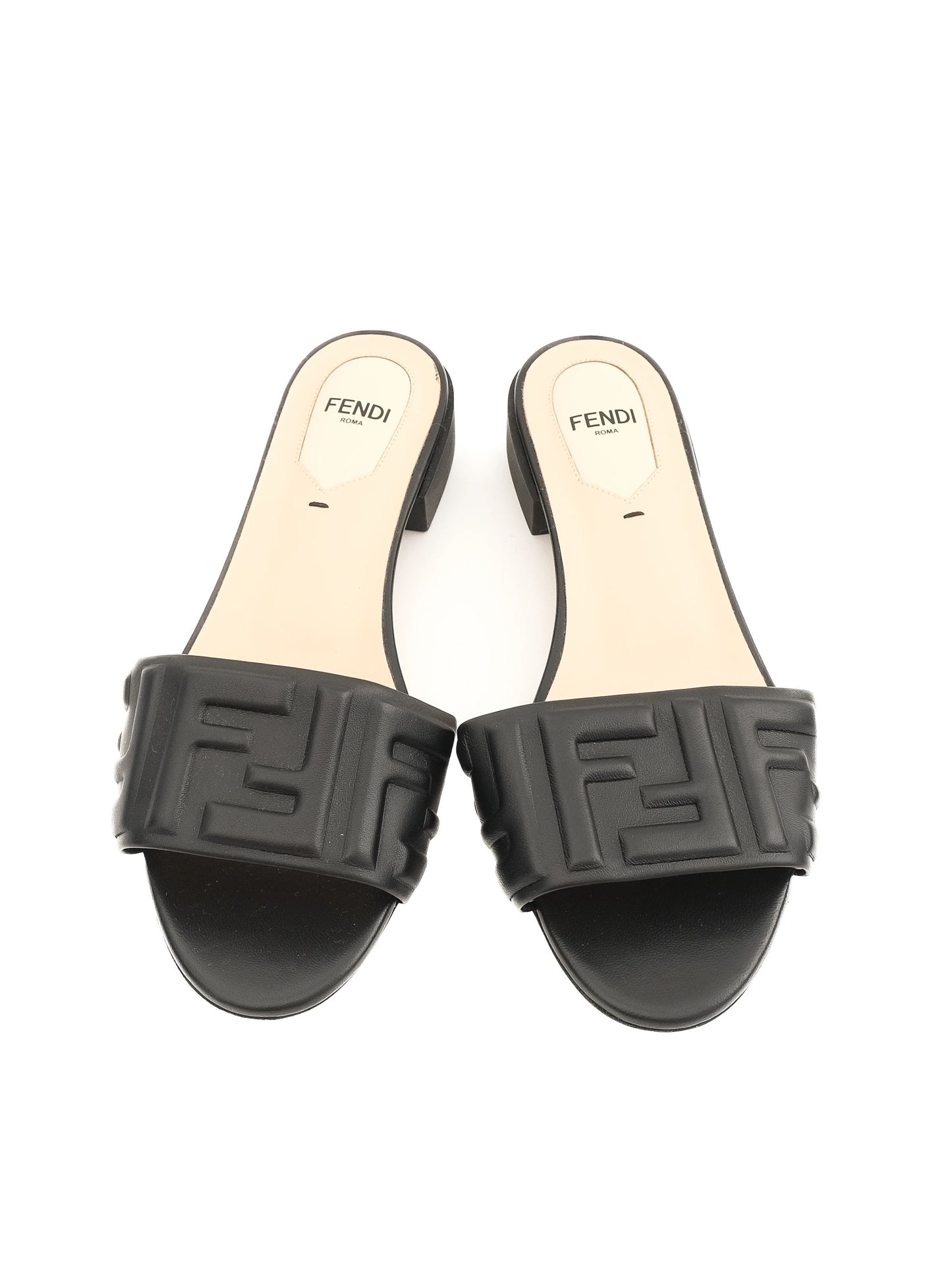 excellent fendi black leather slide sandals size 37 with embossed design
