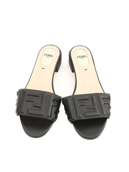Excellent Fendi Black Leather Slide Sandals Size 37 with Embossed Design