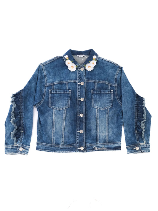 Excellent Monnalisa Blue Denim Jacket with Floral Embroidery Size 11