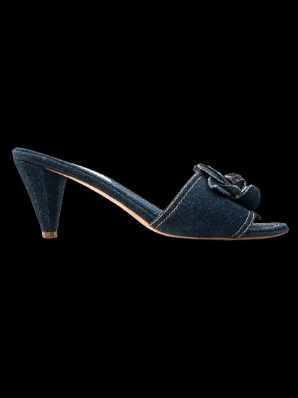 excellent chanel denim high-heeled mules blue flower embellishment