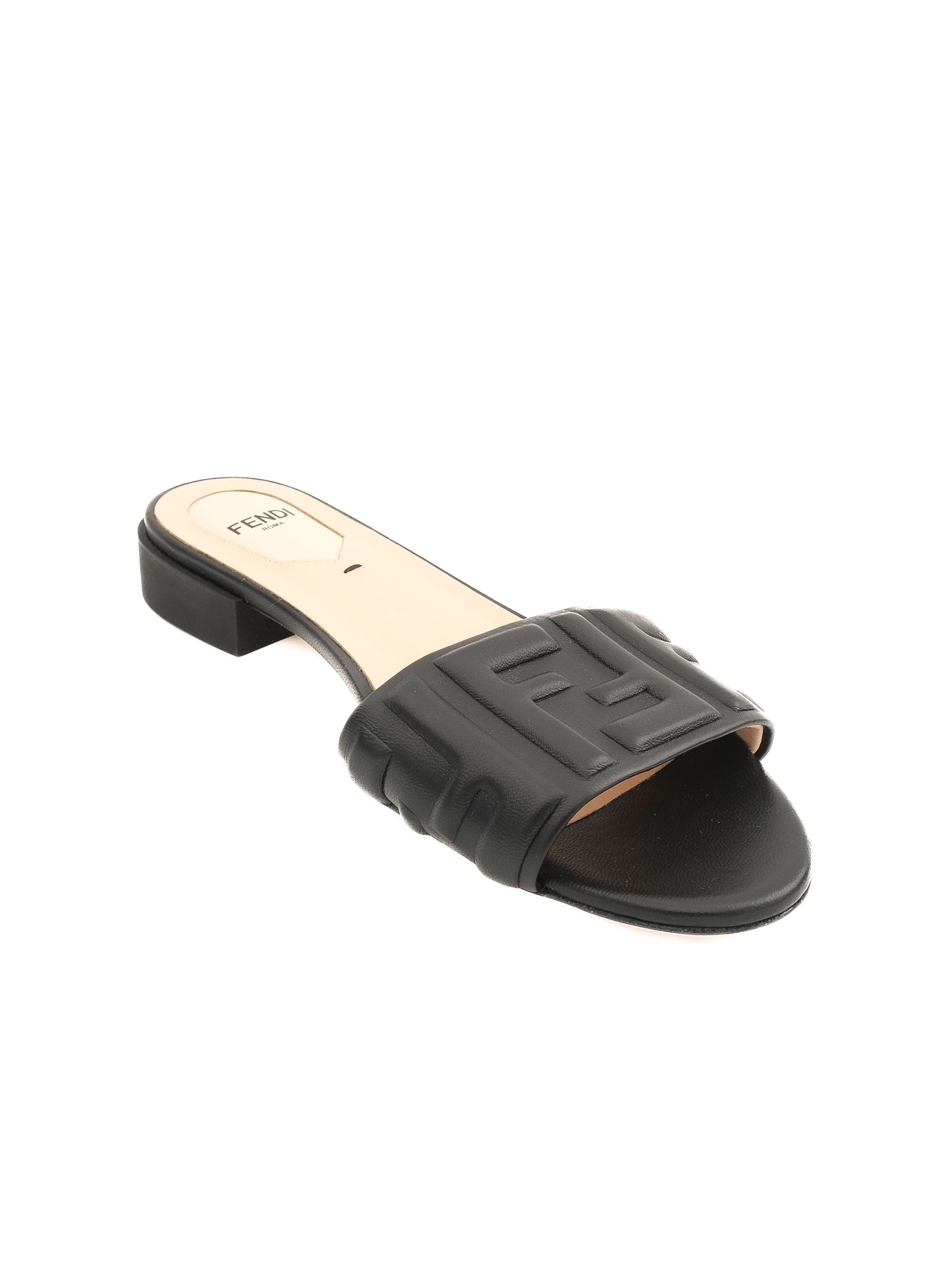 excellent fendi black leather slide sandals size 37 with embossed design