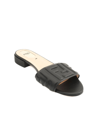 Excellent Fendi Black Leather Slide Sandals Size 37 with Embossed Design