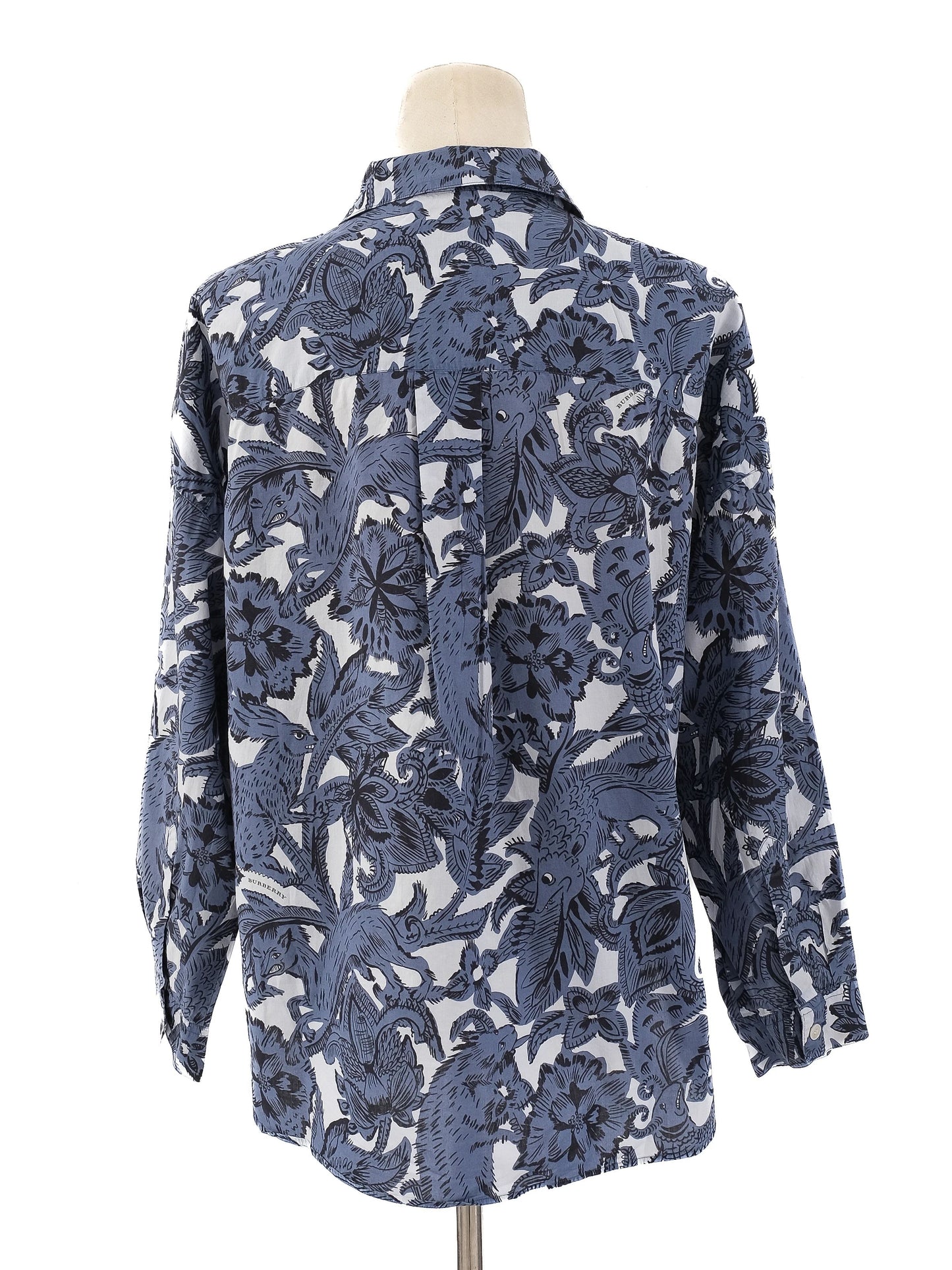 burberry blue floral animal print button-up shirt women size m