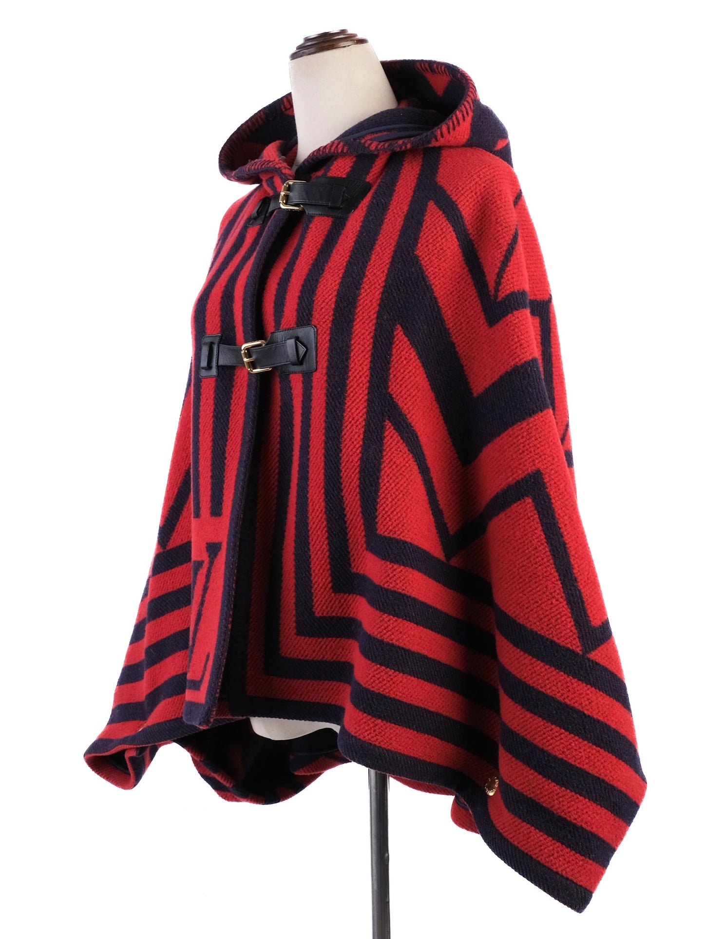 excellent louis vuitton red black wool cape with hood and buttons