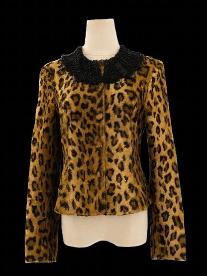 Excellent Blumarine Leopard Print Jacket with Beaded Collar, Size XS