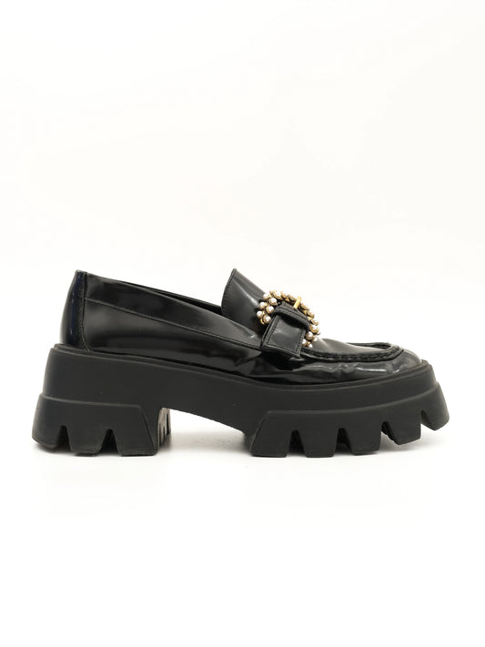 Average Uterque Black Leather Platform Loafers with Buckle Size 39