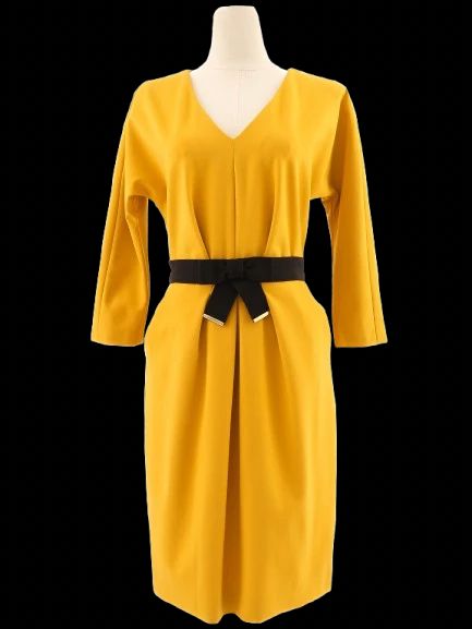 excellent luisa spagnoli yellow v-neck dress size m with belt