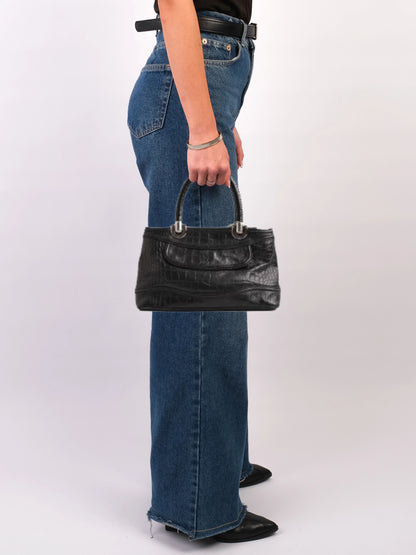 Excellent Giorgio Armani Black Leather Handbag with Crocodile Pattern
