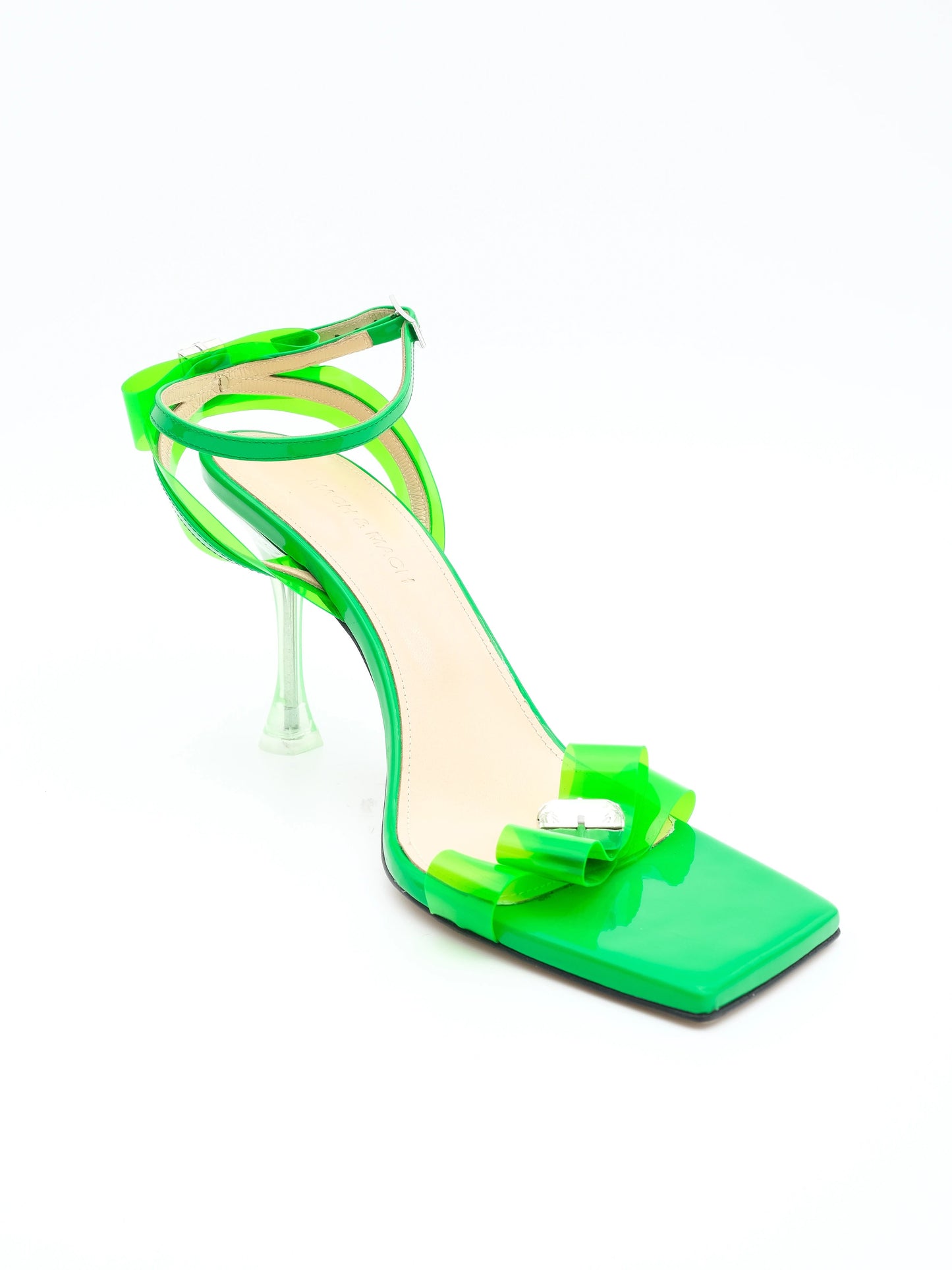 excellent green leather high-heeled sandals size 39 with bows