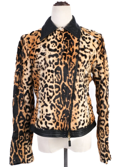 Excellent Etro Leopard Print Leather Jacket with Black Accents Size M