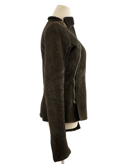 Excellent Rick Owens Gray Leather Jacket Size M with Shearling Collar