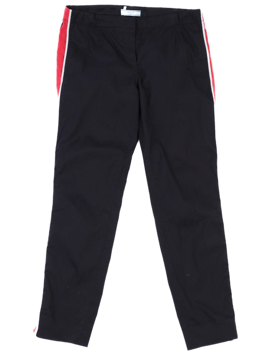 Excellent Prada Blue Nylon Pants with Red and White Stripes, Size 42