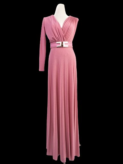 excellent elisabetta franchi pink evening gown with v-neck & asymmetric sleeves
