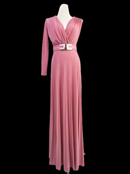 Excellent Elisabetta Franchi Pink Evening Gown with V-Neck & Asymmetric Sleeves