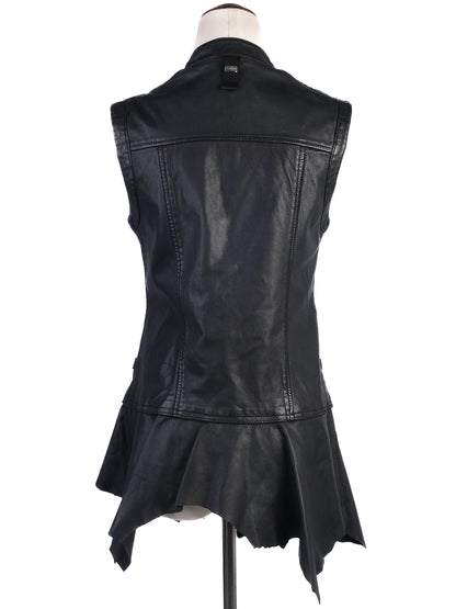 EXCELLENT High Black Leather Vest Size S Edgy Design with Zippered Pockets
