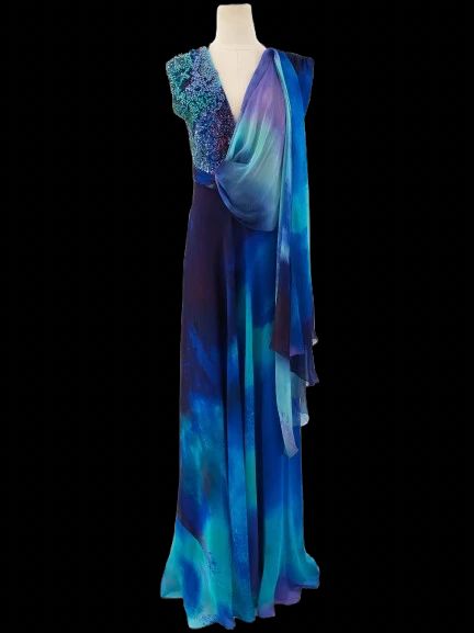 perfect silk evening dress blue turquoise size l with embellishments
