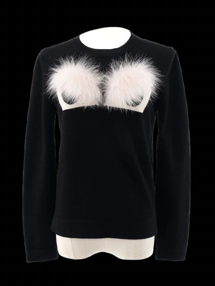 excellent fendi black wool sweater with fur detail size m