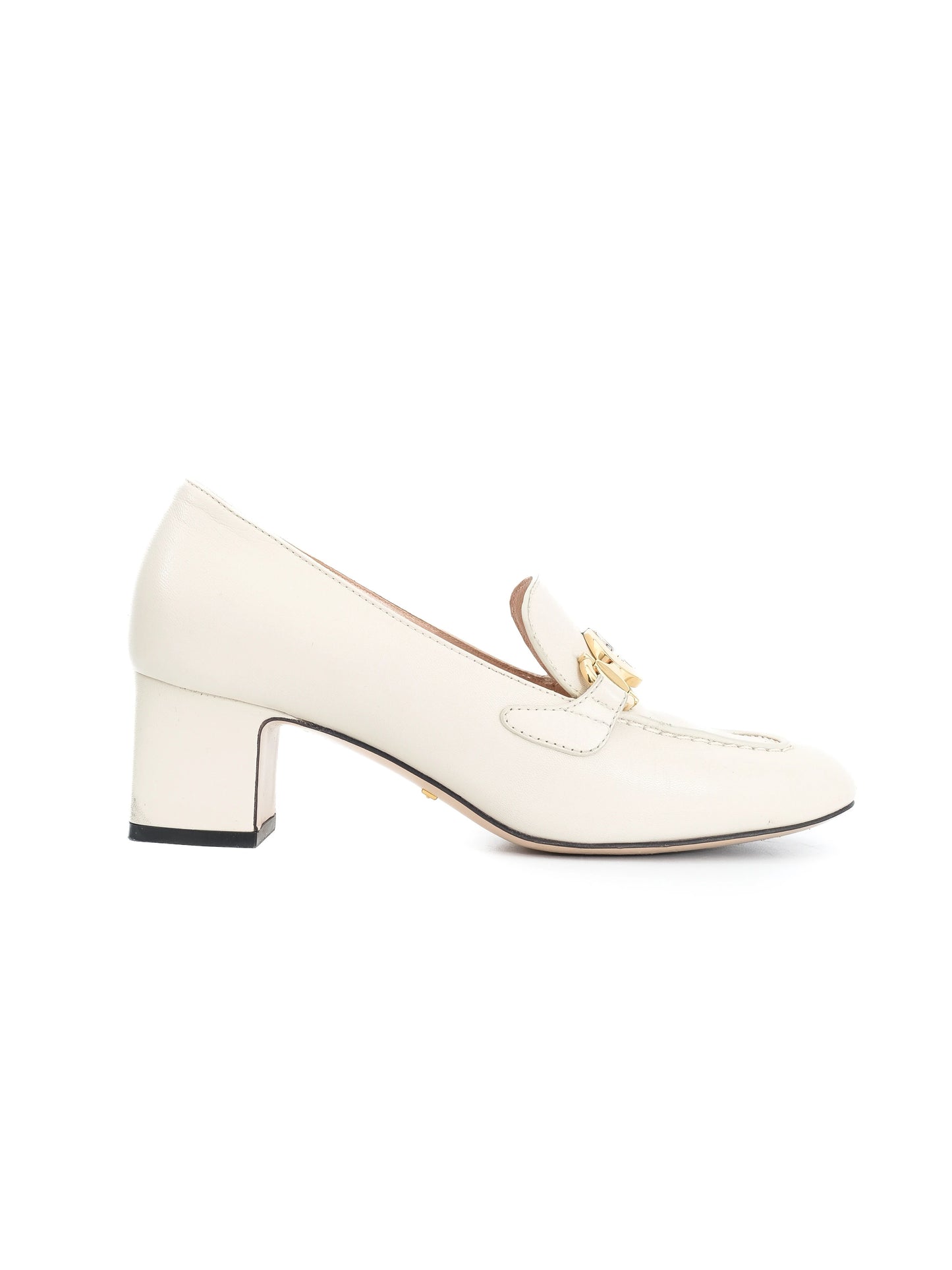 excellent gucci white leather block-heeled loafers size 36.5