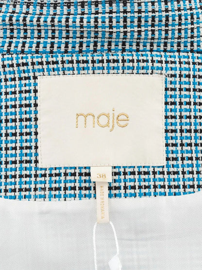 Excellent Maje Blue Cotton Plaid Jacket Size M with Gold Buttons
