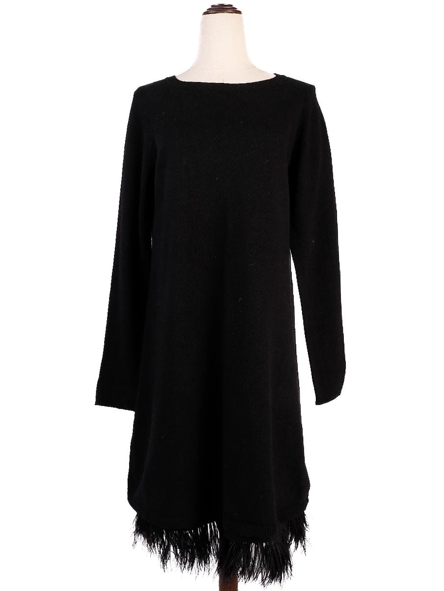 excellent twinset black wool long sleeve dress with fringed hem
