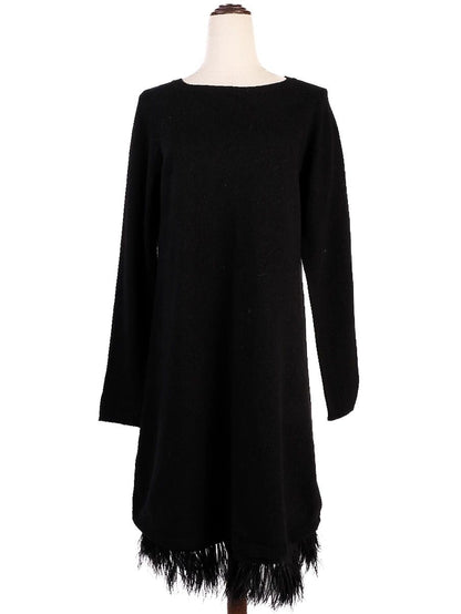 Excellent TWINSET Black Wool Long Sleeve Dress with Fringed Hem